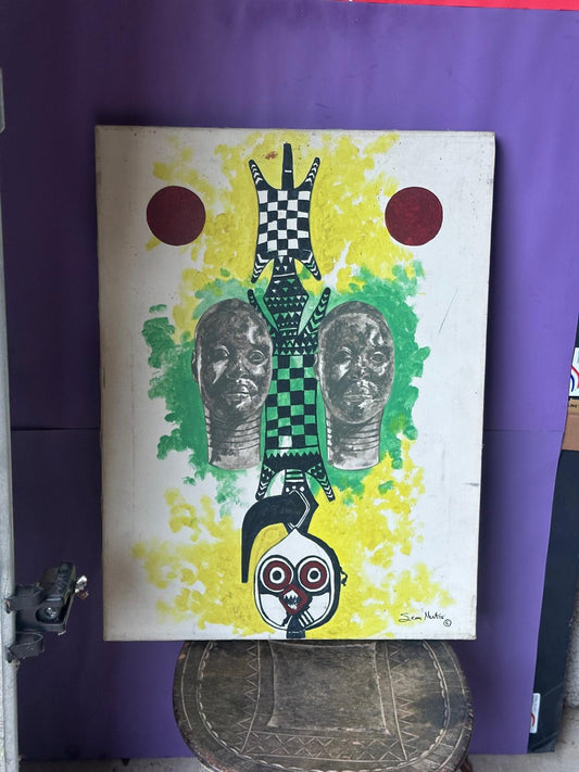 Vintage Original African Surrealist Painting – "We Kings of Ife" Signed 1991 24"