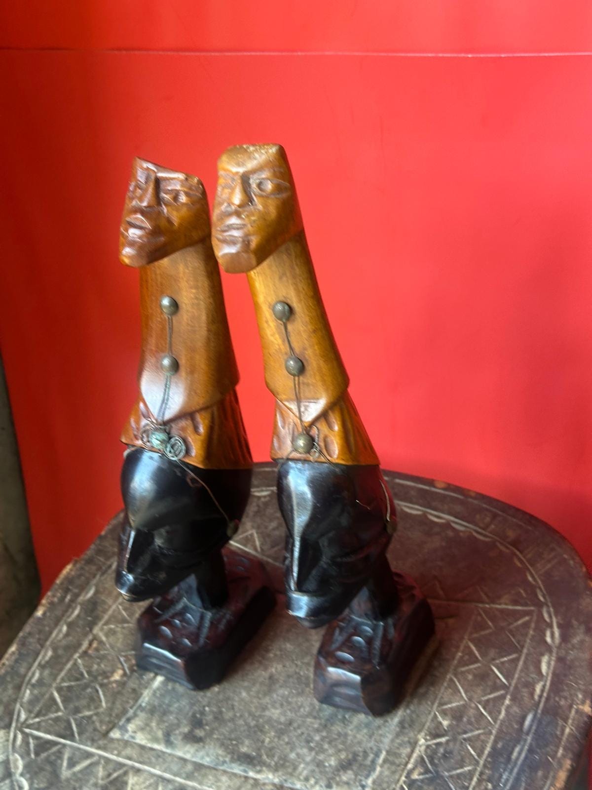 Vintage African Carved Wood Figures Pair – Elongated Necks Two-Tone Brass 12"