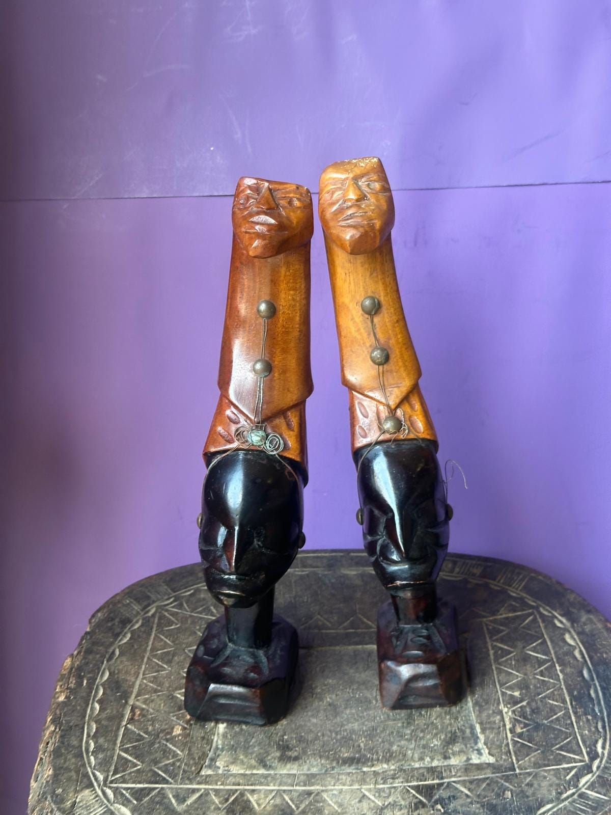 Vintage African Carved Wood Figures Pair – Elongated Necks Two-Tone Brass 12"