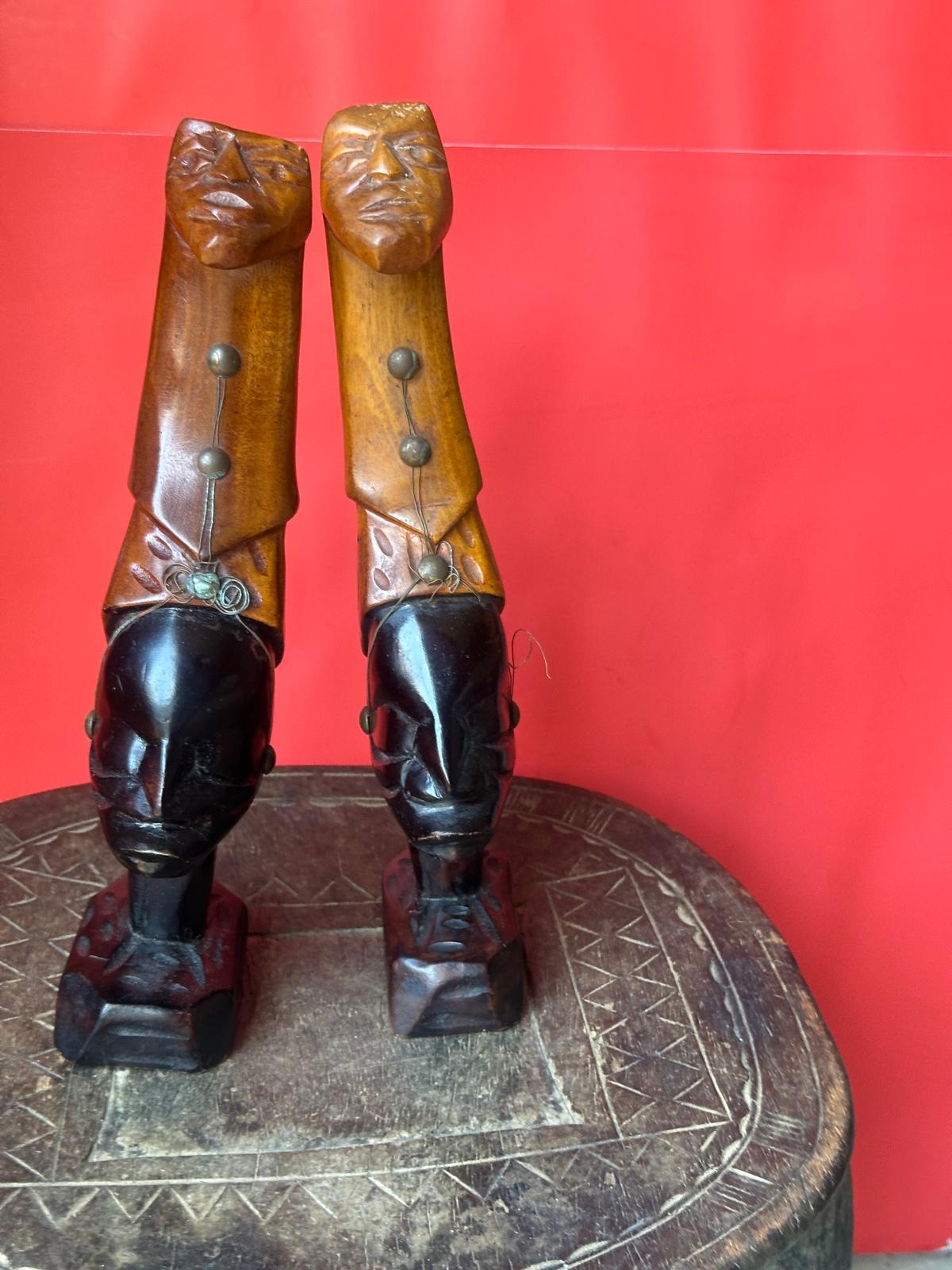 Vintage African Carved Wood Figures Pair – Elongated Necks Two-Tone Brass 12"