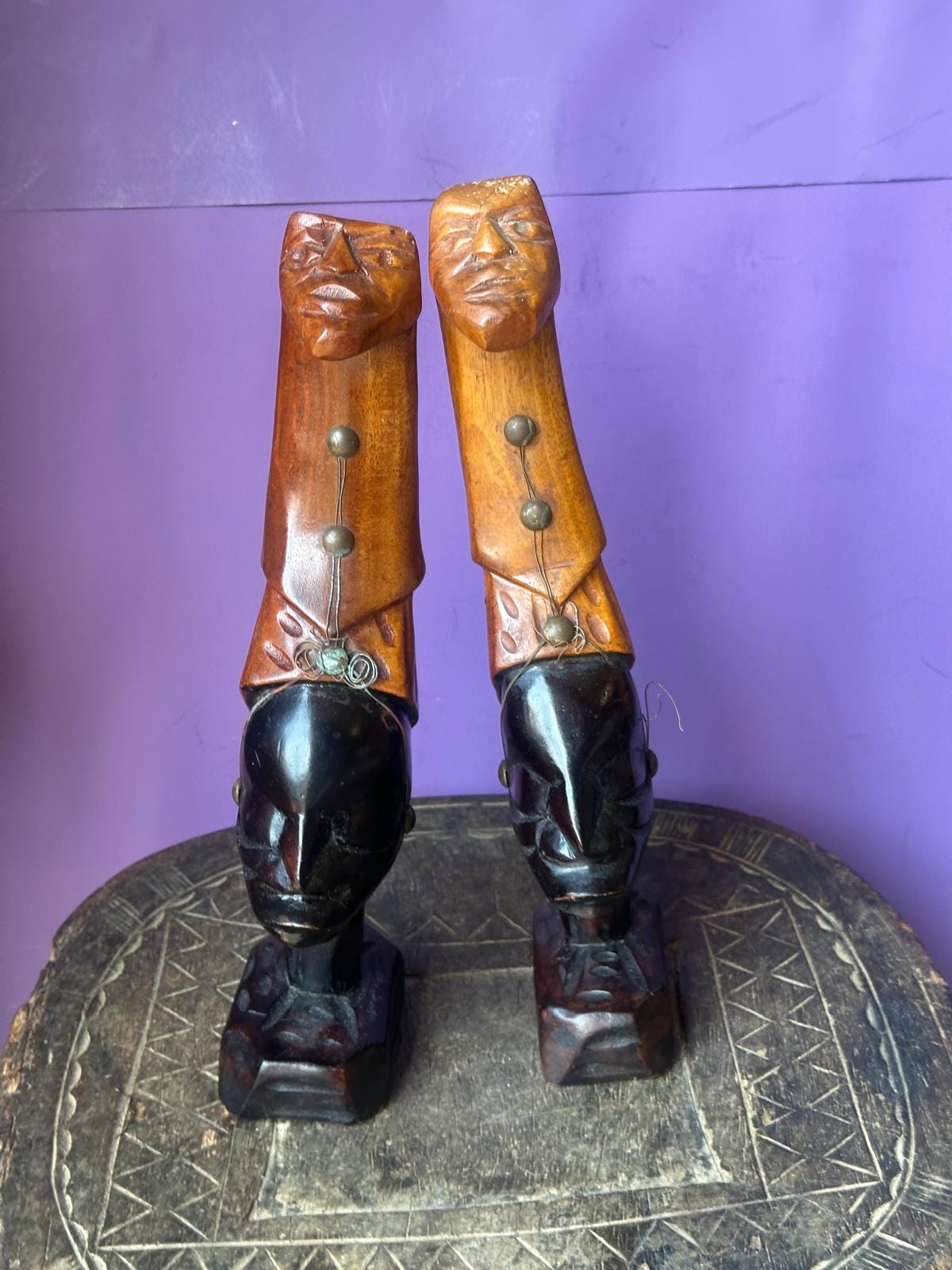 Vintage African Carved Wood Figures Pair – Elongated Necks Two-Tone Brass 12"