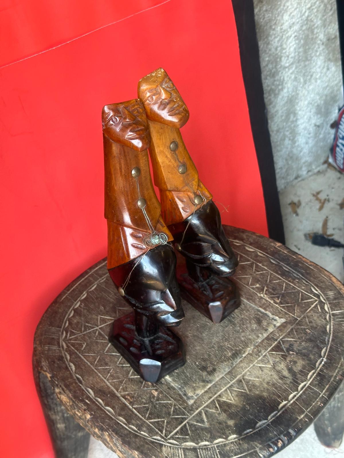 Vintage African Carved Wood Figures Pair – Elongated Necks Two-Tone Brass 12"