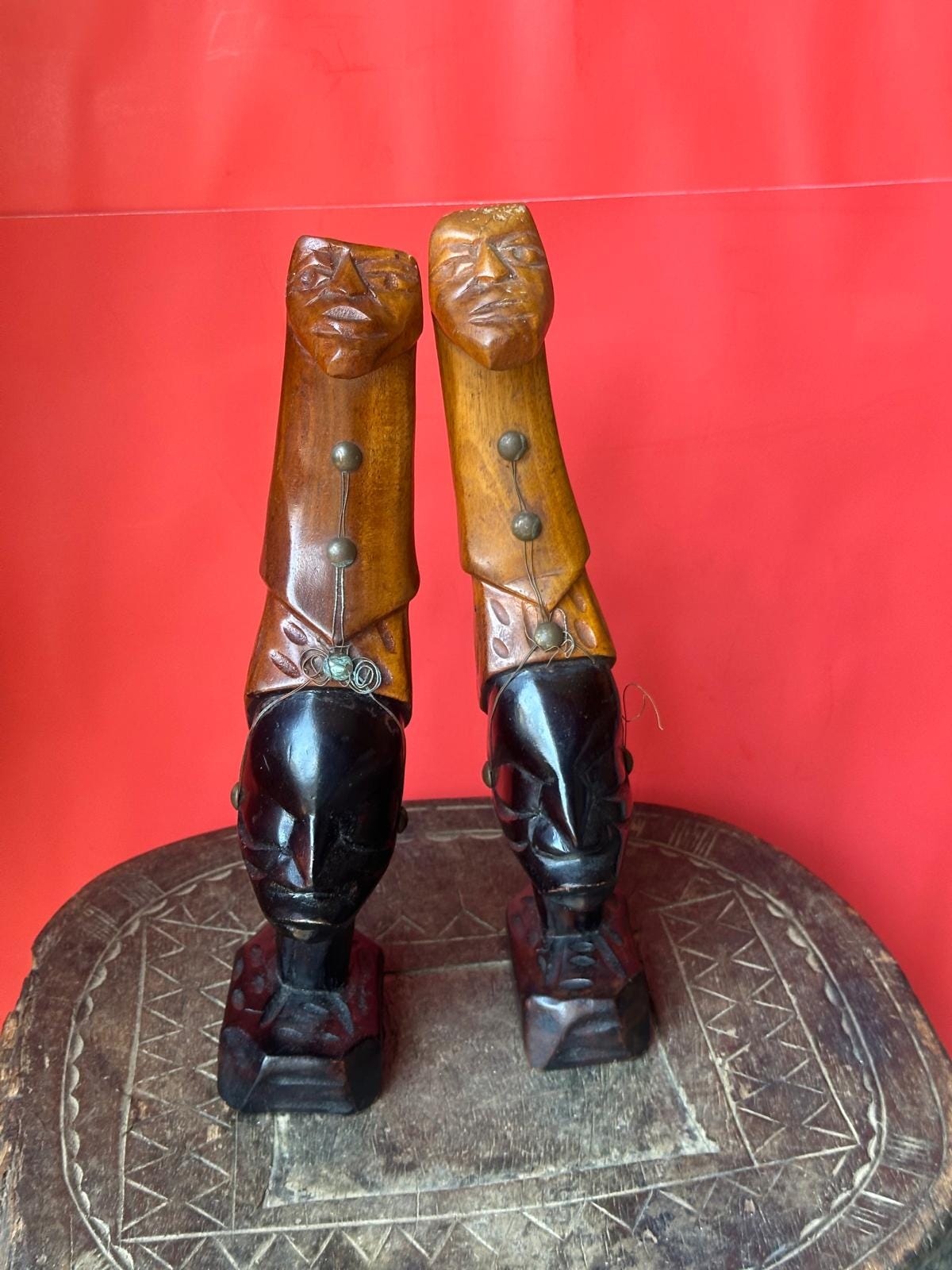 Vintage African Carved Wood Figures Pair – Elongated Necks Two-Tone Brass 12"