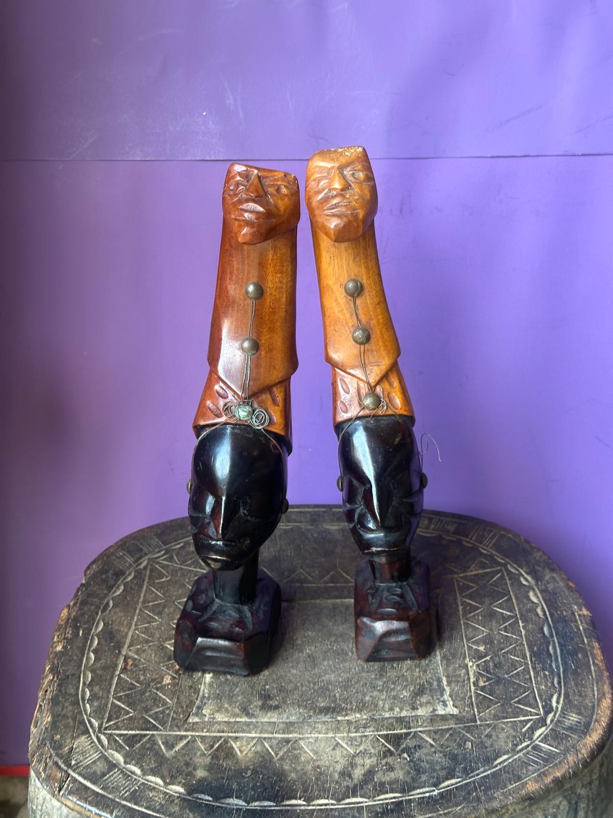 Vintage African Carved Wood Figures Pair – Elongated Necks Two-Tone Brass 12"