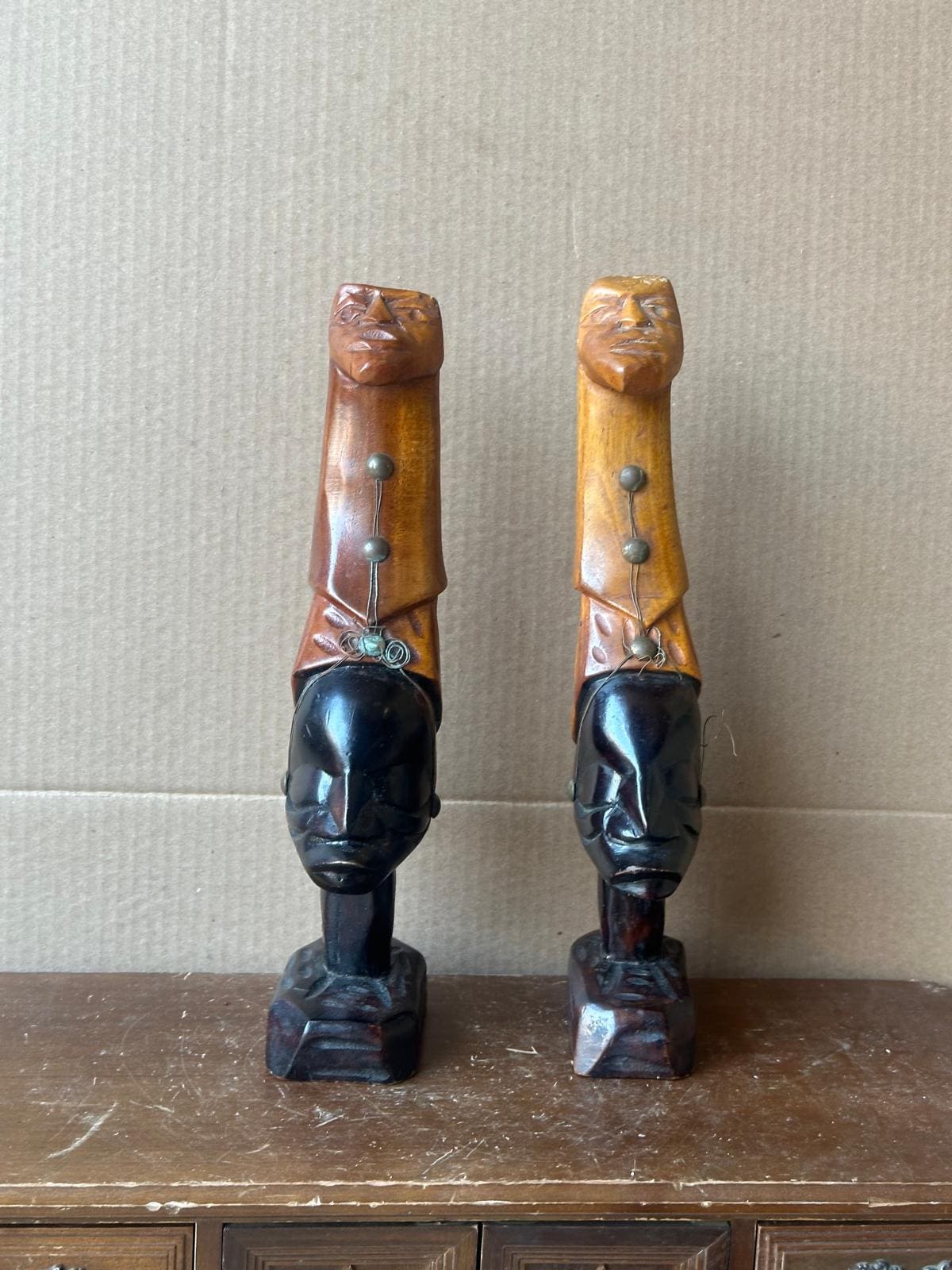 Vintage African Carved Wood Figures Pair – Elongated Necks Two-Tone Brass 12"