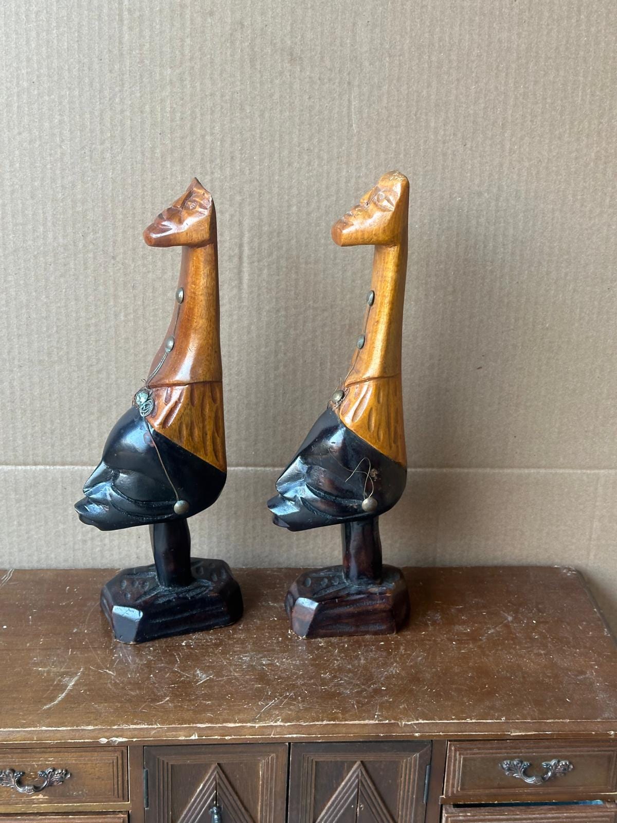 Vintage African Carved Wood Figures Pair – Elongated Necks Two-Tone Brass 12"