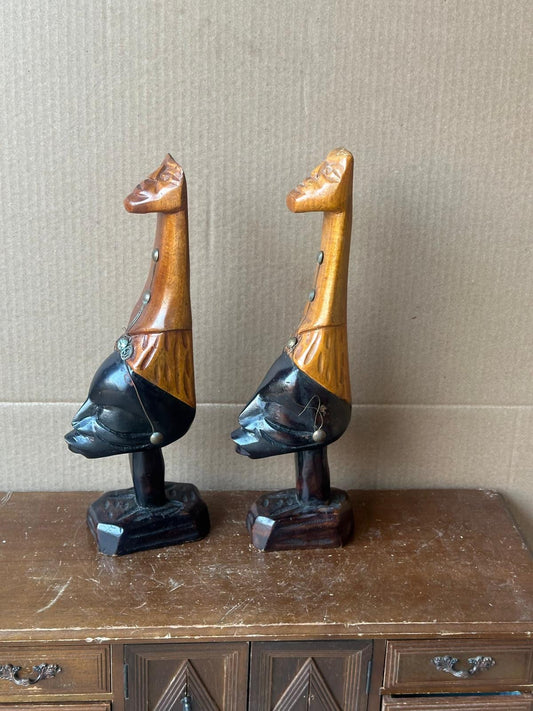 Vintage African Carved Wood Figures Pair – Elongated Necks Two-Tone Brass 12"