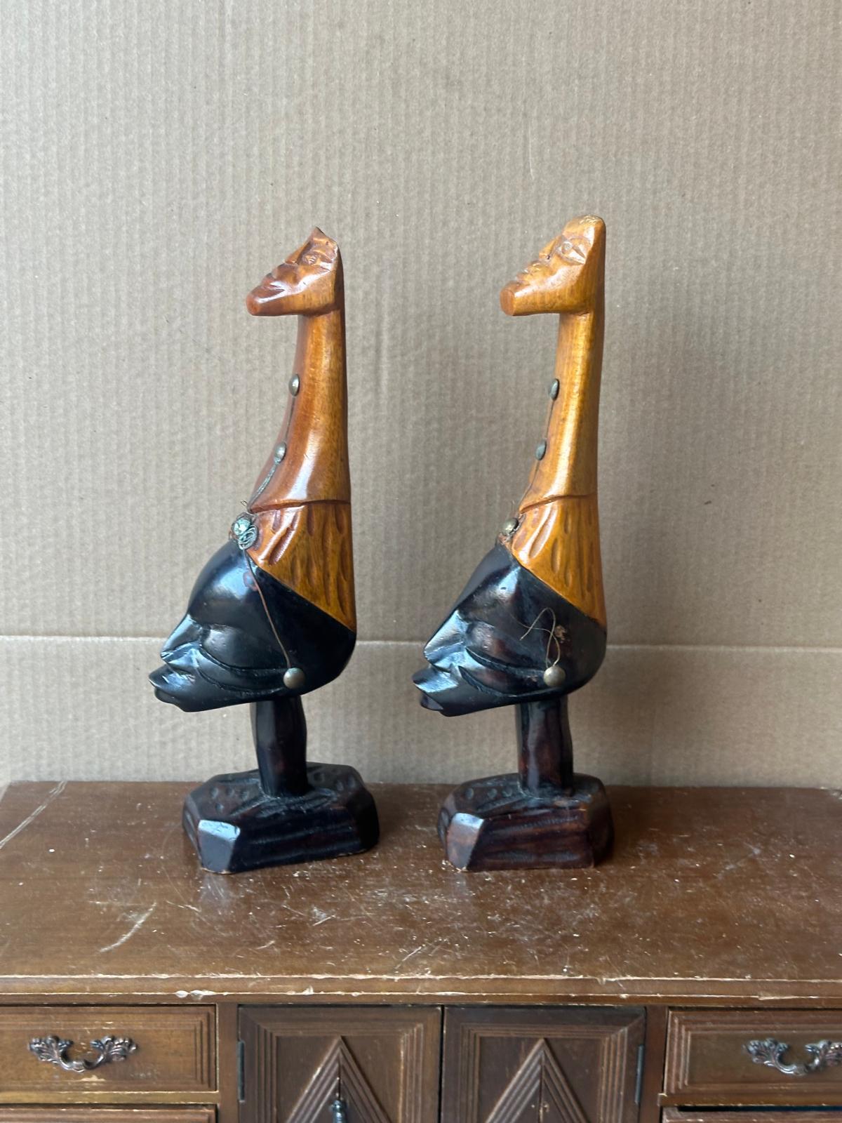Vintage African Carved Wood Figures Pair – Elongated Necks Two-Tone Brass 12"