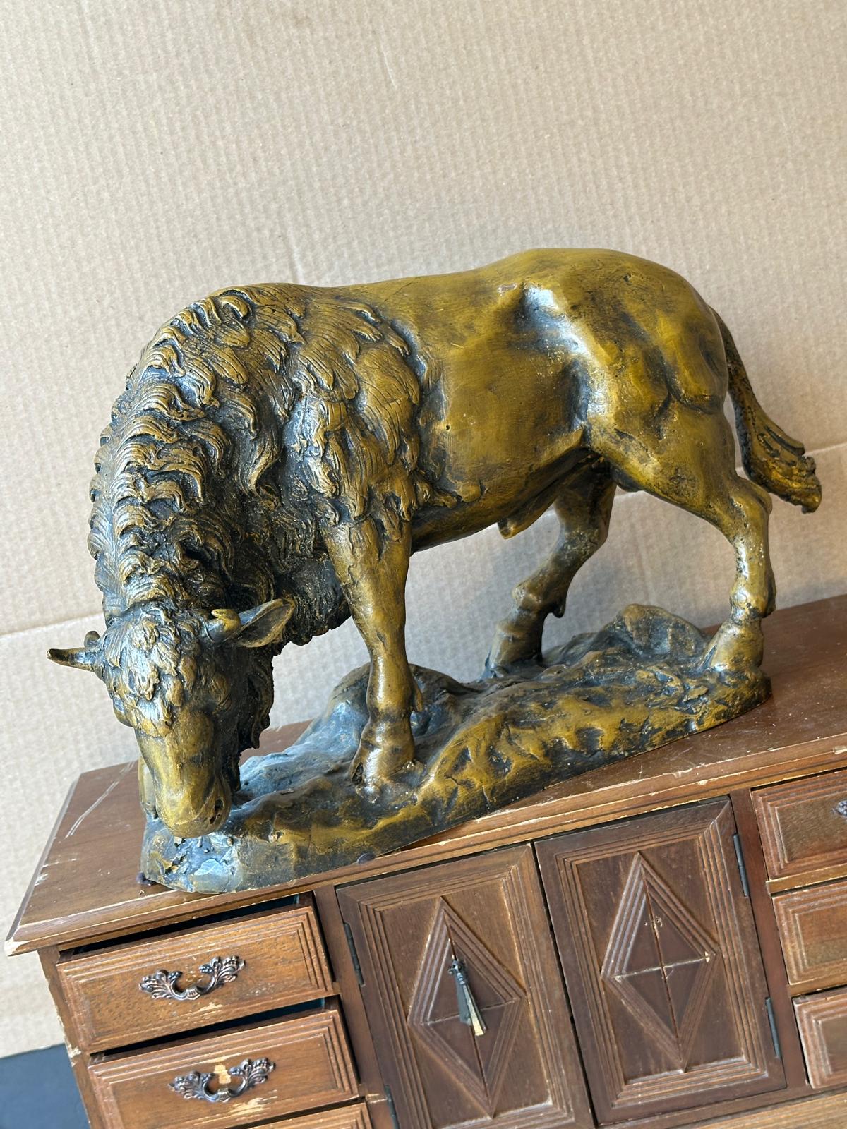 Vintage Solid Bronze American Bison Sculpture – Large 16" Heavy 12lb Western Art