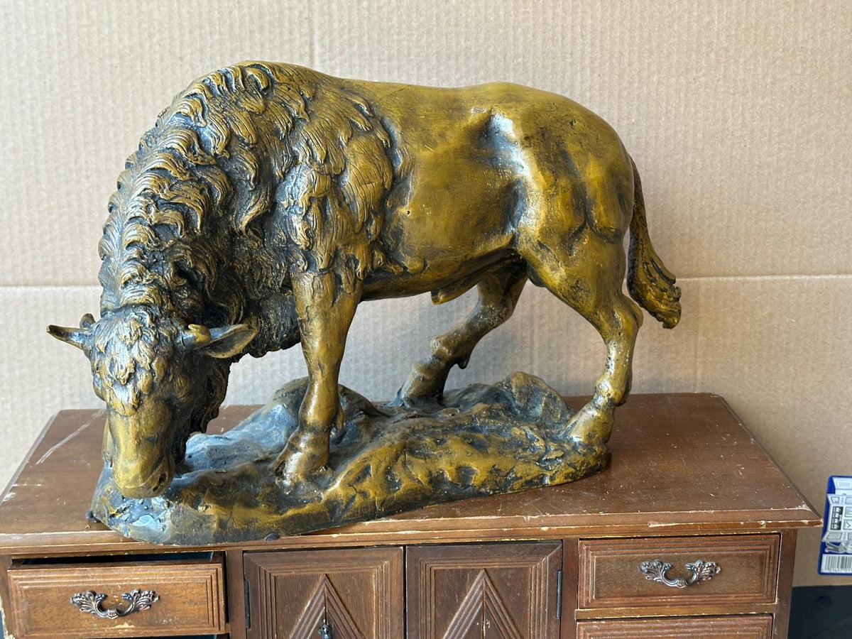 Vintage Solid Bronze American Bison Sculpture – Large 16" Heavy 12lb Western Art