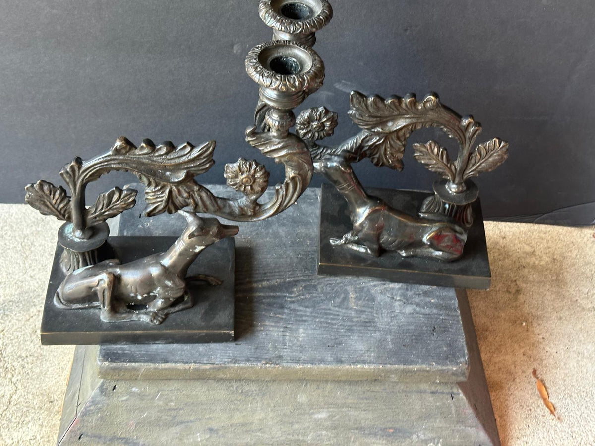 Pair Beacon Hill Westbury Candlesticks Bronze Patina Recumbent Hounds Dogs 9.5"