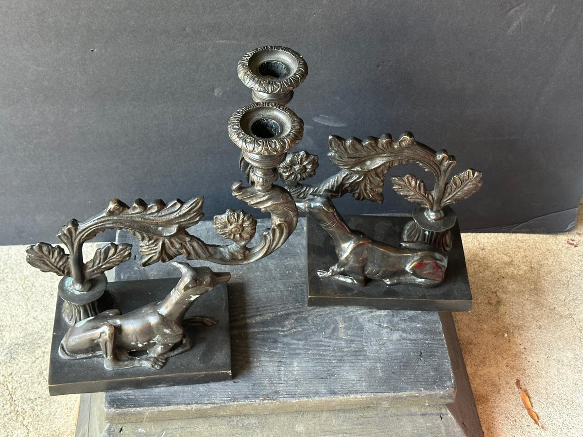 Pair Beacon Hill Westbury Candlesticks Bronze Patina Recumbent Hounds Dogs 9.5"