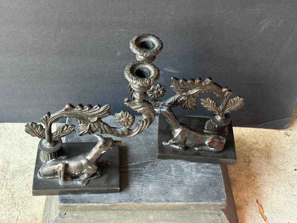 Pair Beacon Hill Westbury Candlesticks Bronze Patina Recumbent Hounds Dogs 9.5"