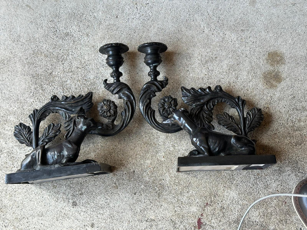 Pair Beacon Hill Westbury Candlesticks Bronze Patina Recumbent Hounds Dogs 9.5"