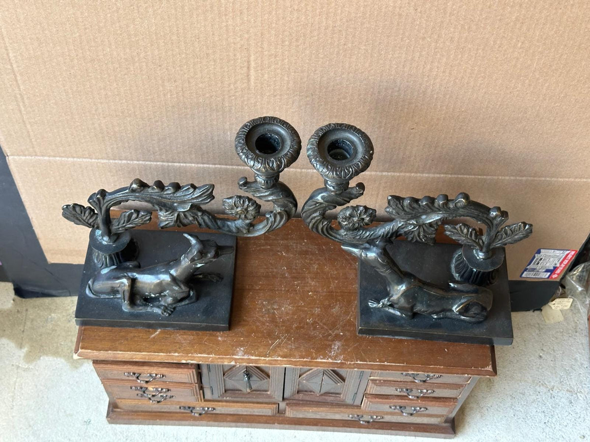 Pair Beacon Hill Westbury Candlesticks Bronze Patina Recumbent Hounds Dogs 9.5"