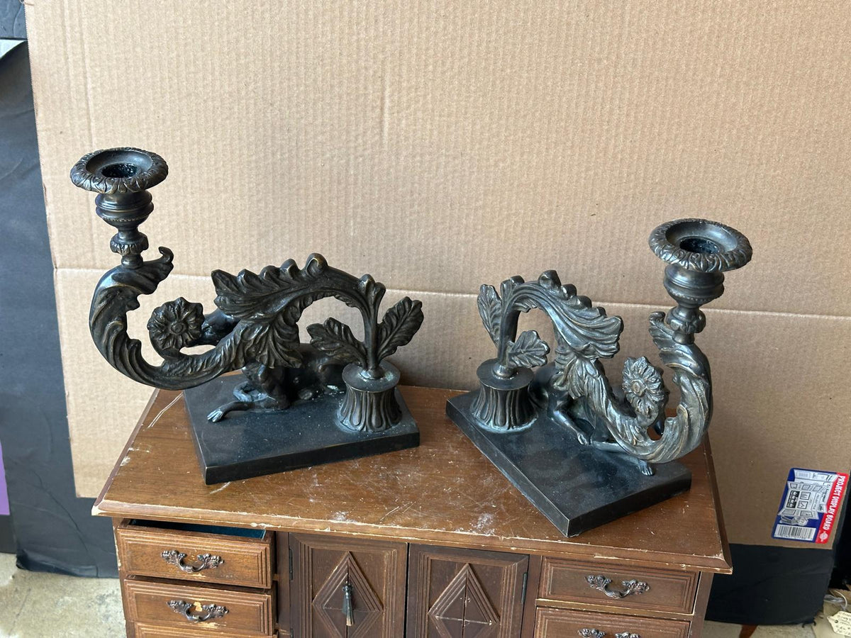 Pair Beacon Hill Westbury Candlesticks Bronze Patina Recumbent Hounds Dogs 9.5"