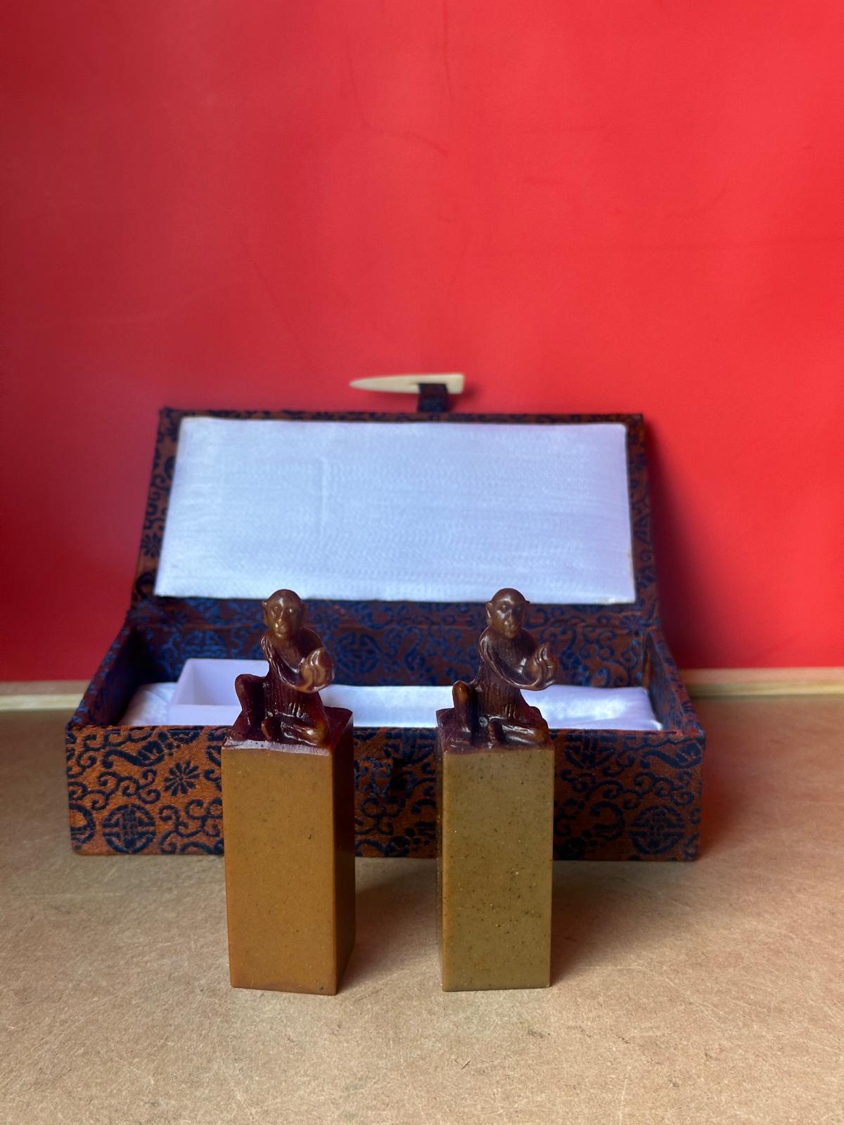 Vintage Chinese Carved Stone Seal Chop Set – Blank Monkey Pair Boxed 3.5"