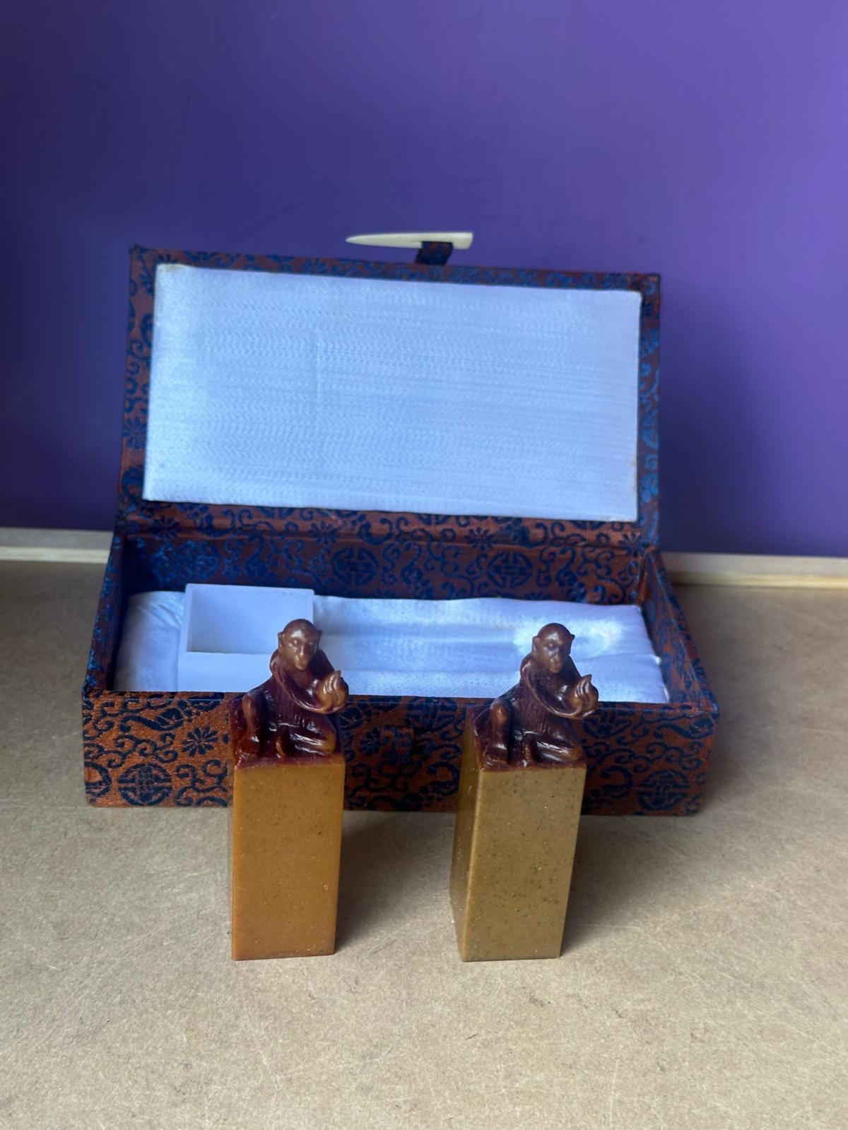 Vintage Chinese Carved Stone Seal Chop Set – Blank Monkey Pair Boxed 3.5"