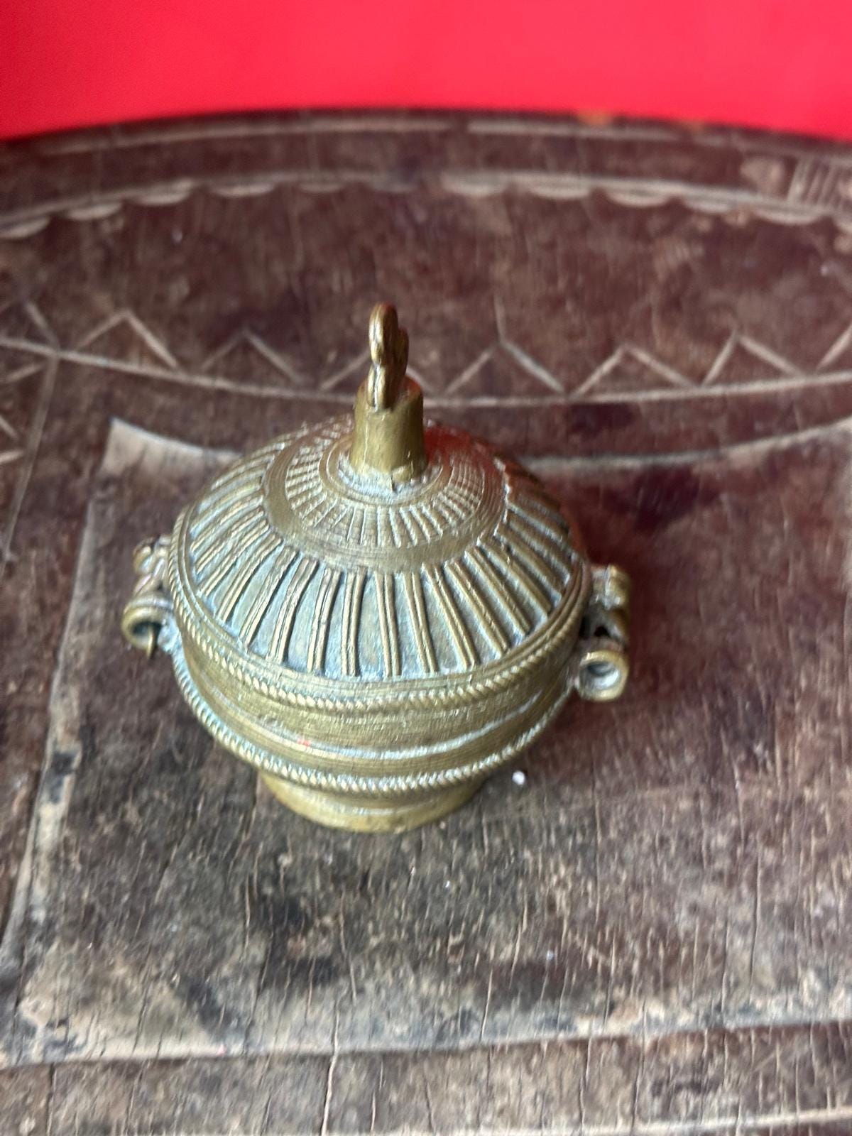 Vintage Indian Bronze Kumkum Tikka Box Ribbed Lidded Ritual Pot 3"