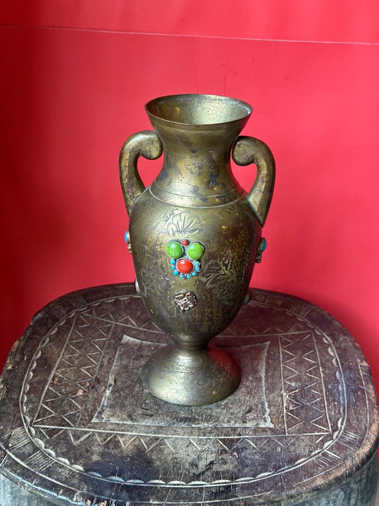 Vintage Boho Brass Vase Red Blue Green Semi Precious Stones Inlay India 10"
