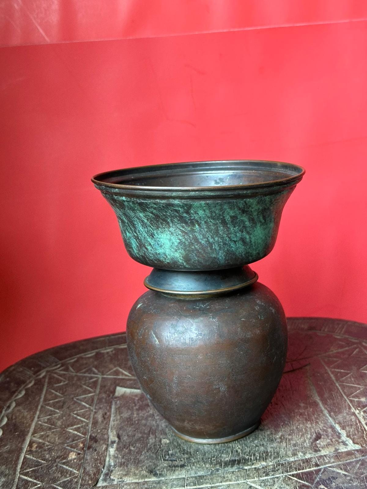 Vintage Chinese Etched Copper Brass Dragon Ginger Jar Tea Caddy Lidded Pot