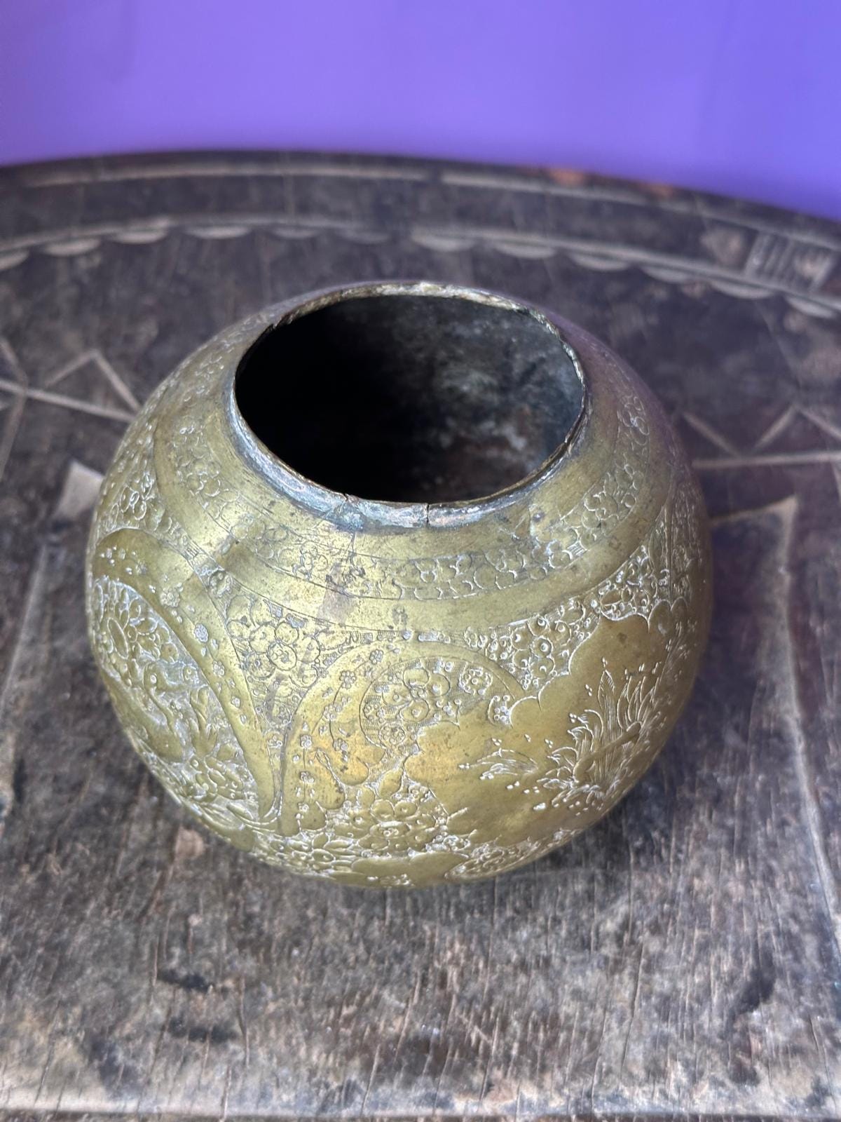 Vintage Indian Etched Brass Spherical Pot Bowl – Peacock Bird Floral Motif 3.5"