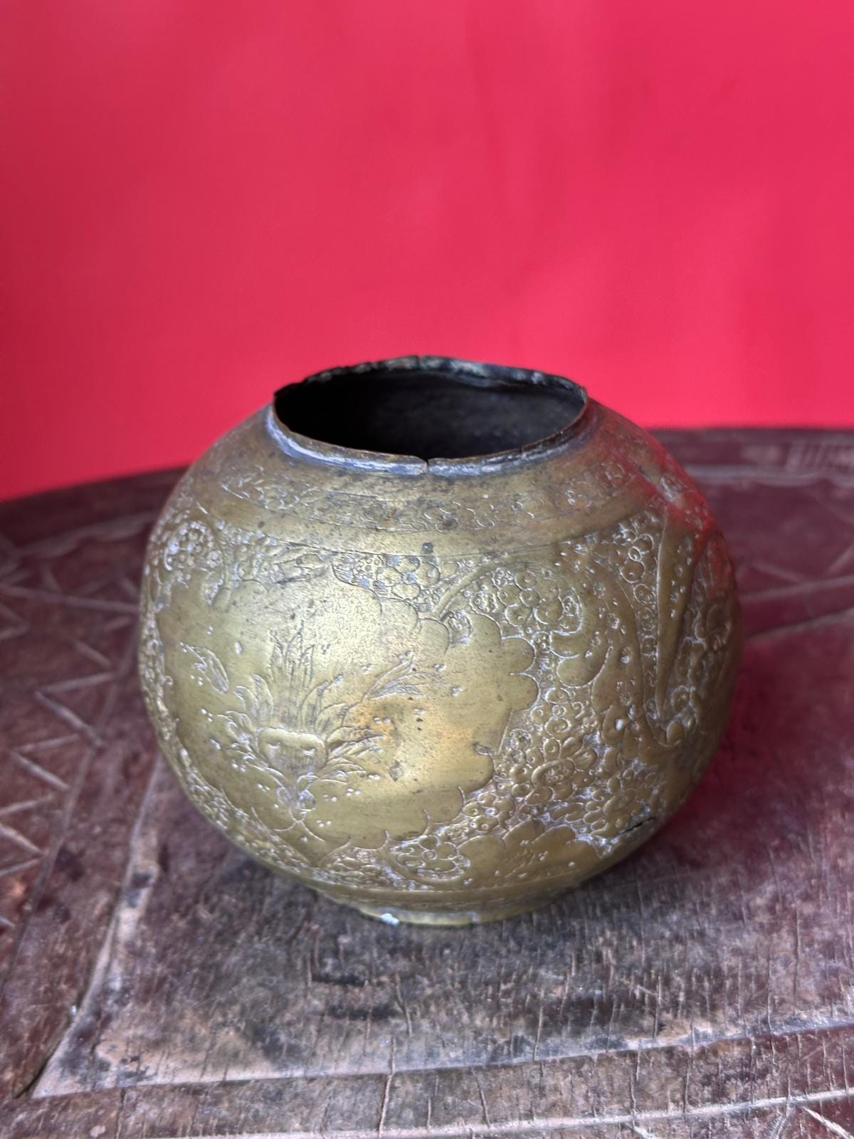 Vintage Indian Etched Brass Spherical Pot Bowl – Peacock Bird Floral Motif 3.5"