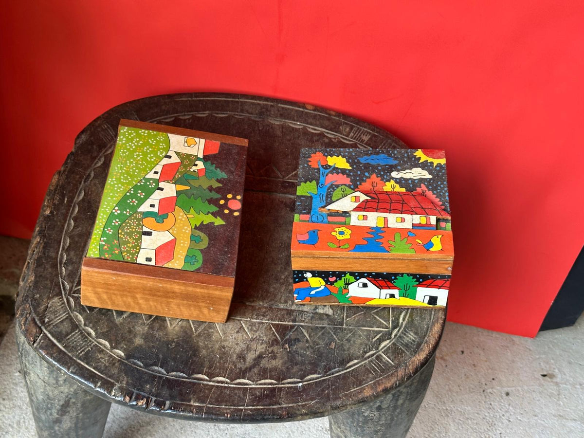 Pair Vintage Hand Painted Wooden Trinket Boxes Folk Art Village Scene Bright