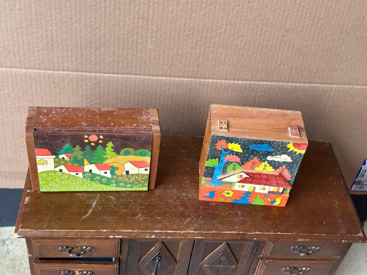 Pair Vintage Hand Painted Wooden Trinket Boxes Folk Art Village Scene Bright