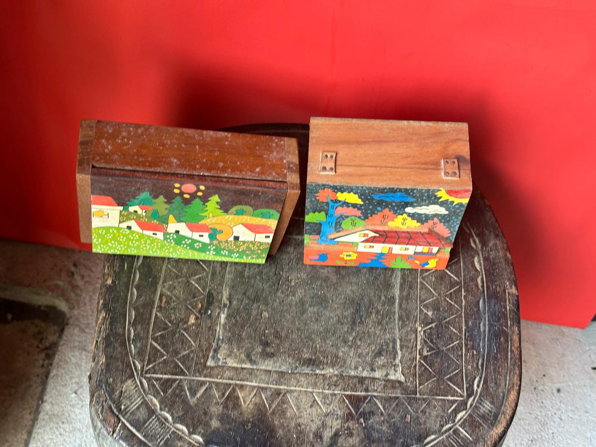 Pair Vintage Hand Painted Wooden Trinket Boxes Folk Art Village Scene Bright