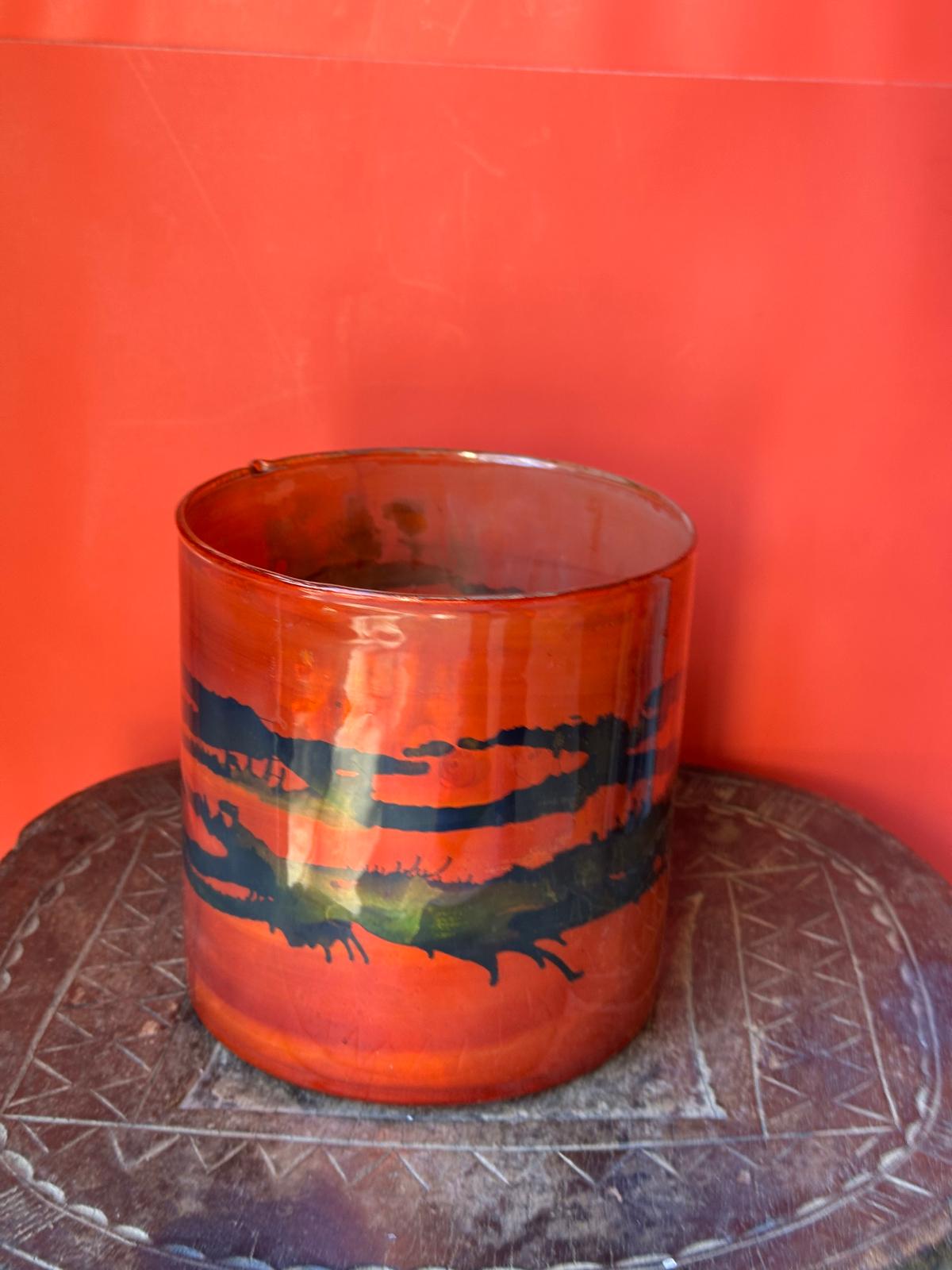 Vintage Art Glass Cylinder Vase – Vibrant Orange & Black Abstract Stripe 6x6"