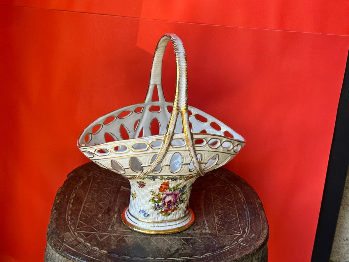Von Schierholz Plaue Porcelain Basket – Reticulated Floral Gold Handle 10"