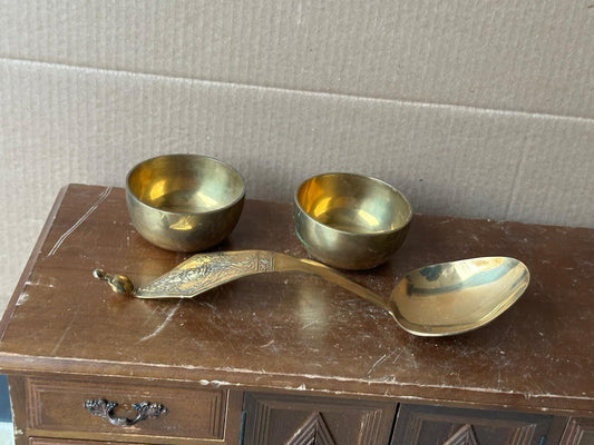 Vintage Thai Brass Ladle & Bowls Set – Ornate Buddha Handle, 10" Spoon