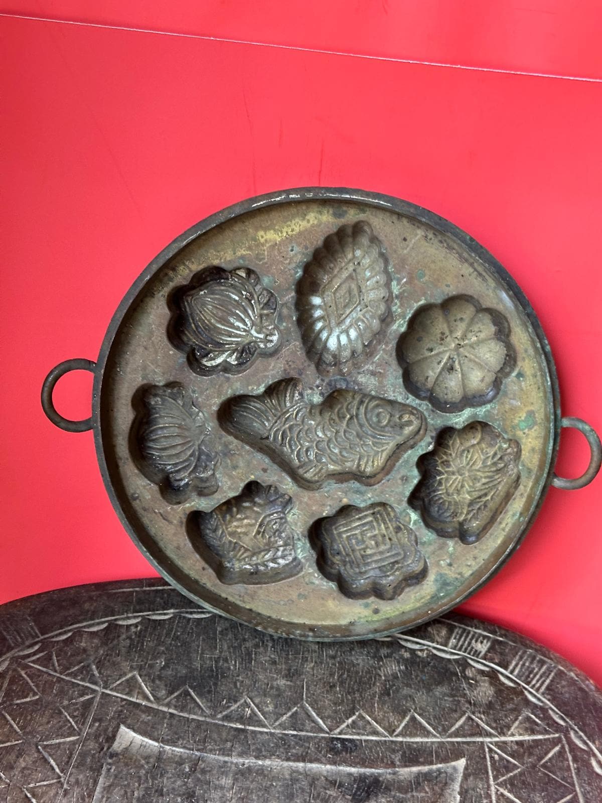 Vintage Brass Kuih Bahulu Mold Pan – Koi Fish & Floral Sponge Cake Malaysia 8.3"