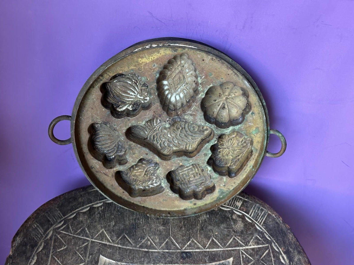 Vintage Brass Kuih Bahulu Mold Pan – Koi Fish & Floral Sponge Cake Malaysia 8.3"