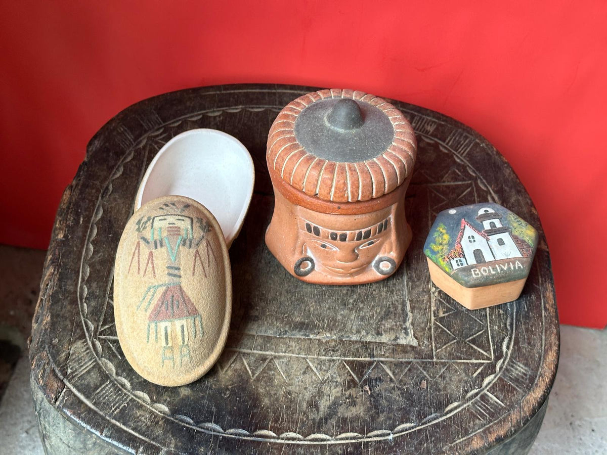 Vintage Folk Art Pottery Box Collection Set of 3 – Bolivia, Inca Face & Sand Art