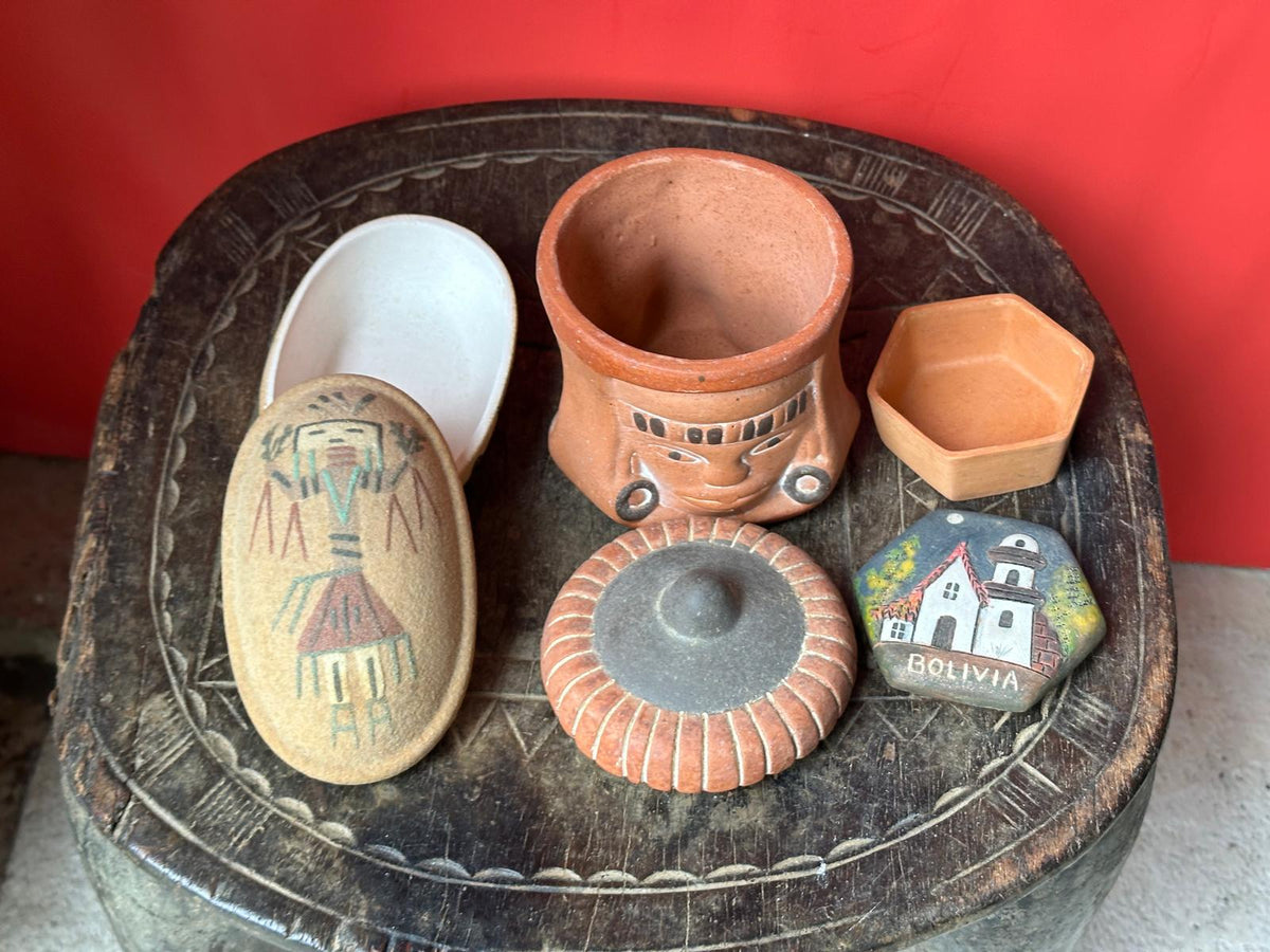 Vintage Folk Art Pottery Box Collection Set of 3 – Bolivia, Inca Face & Sand Art