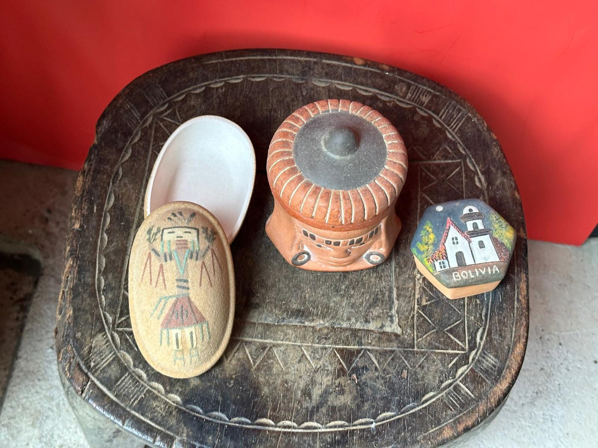 Vintage Folk Art Pottery Box Collection Set of 3 – Bolivia, Inca Face & Sand Art