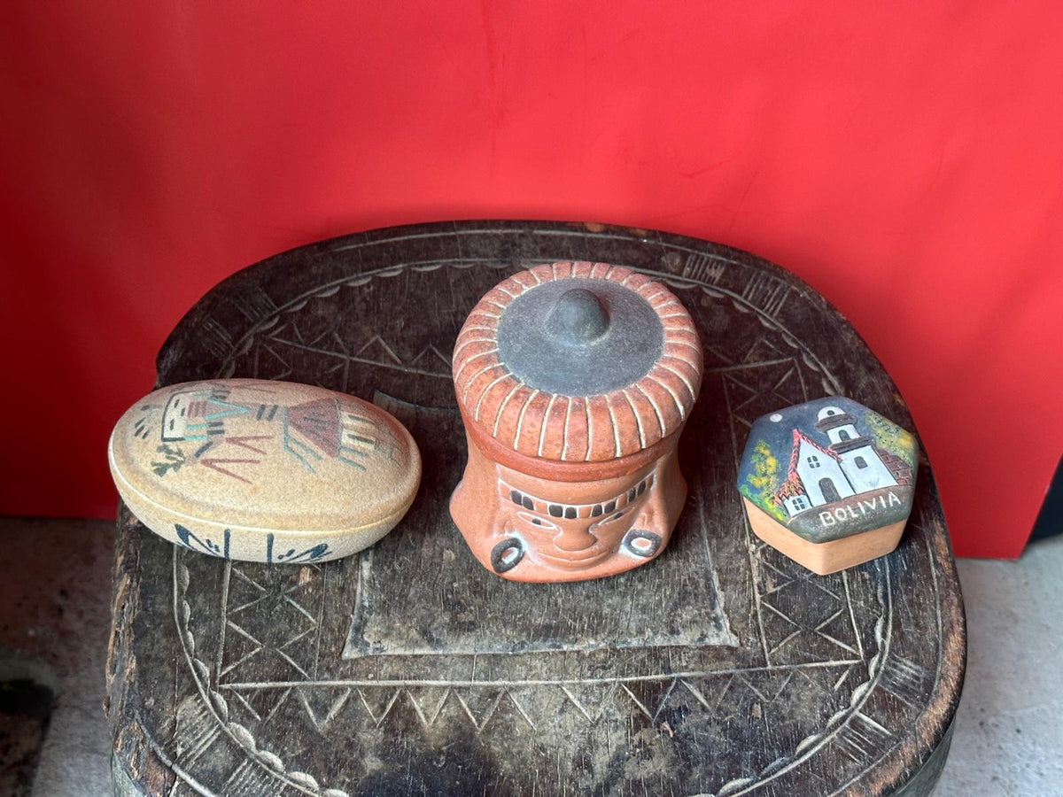 Vintage Folk Art Pottery Box Collection Set of 3 – Bolivia, Inca Face & Sand Art