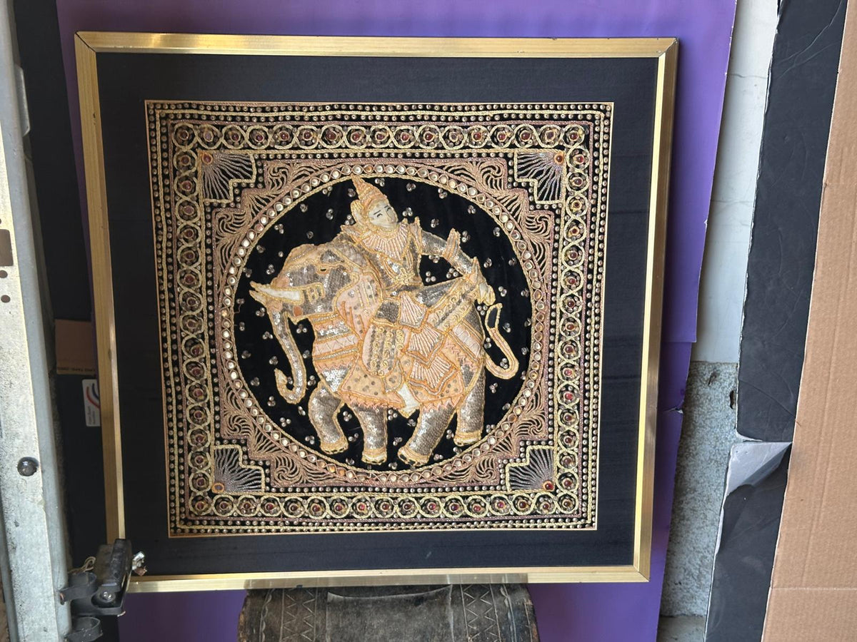 Vintage Burmese Kalaga Tapestry Framed Art–Gold Embroidered Elephant & Rider 25"
