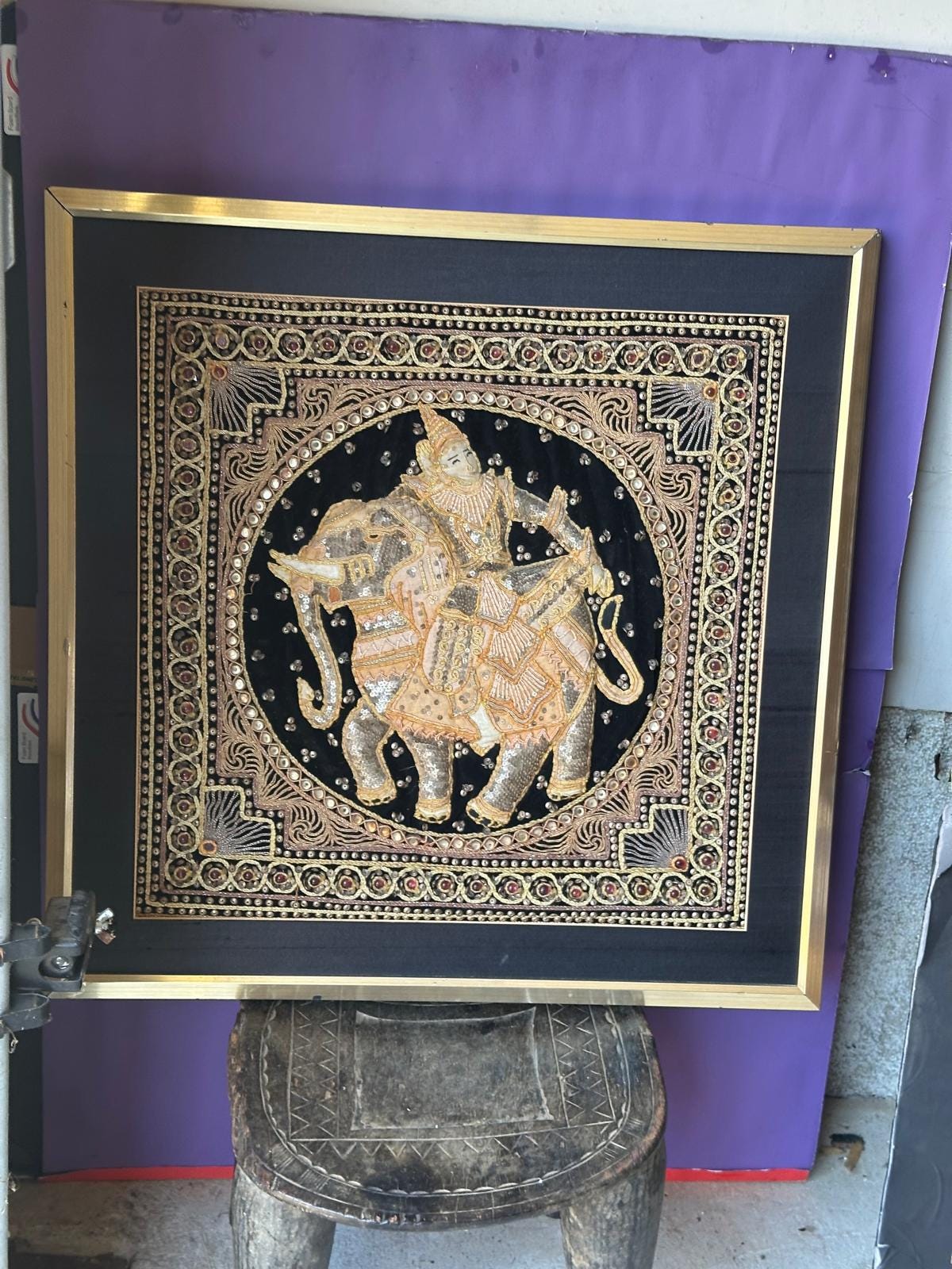 Vintage Burmese Kalaga Tapestry Framed Art–Gold Embroidered Elephant & Rider 25"