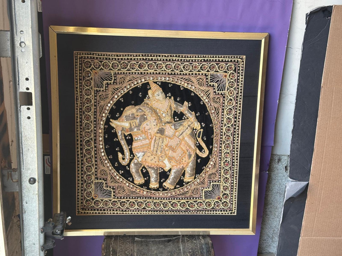 Vintage Burmese Kalaga Tapestry Framed Art–Gold Embroidered Elephant & Rider 25"