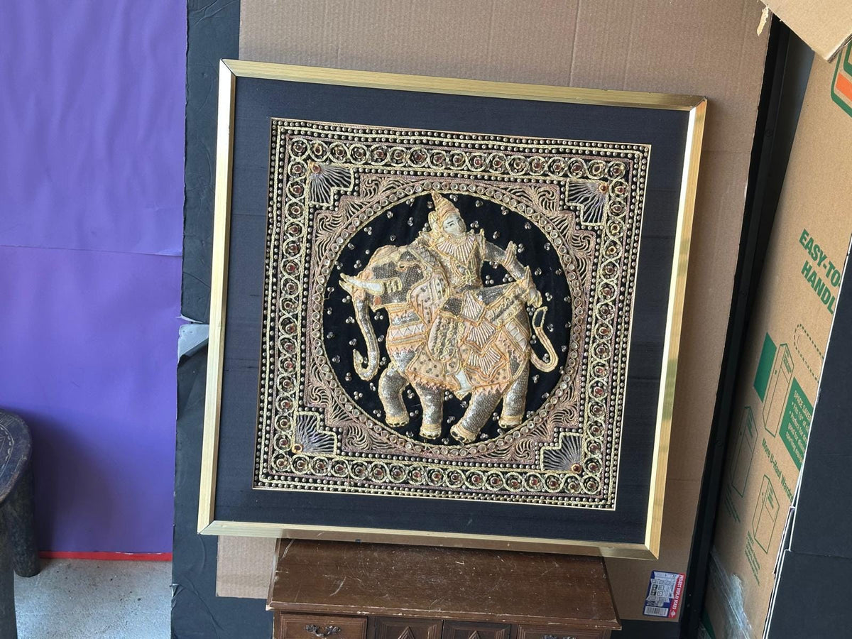 Vintage Burmese Kalaga Tapestry Framed Art–Gold Embroidered Elephant & Rider 25"