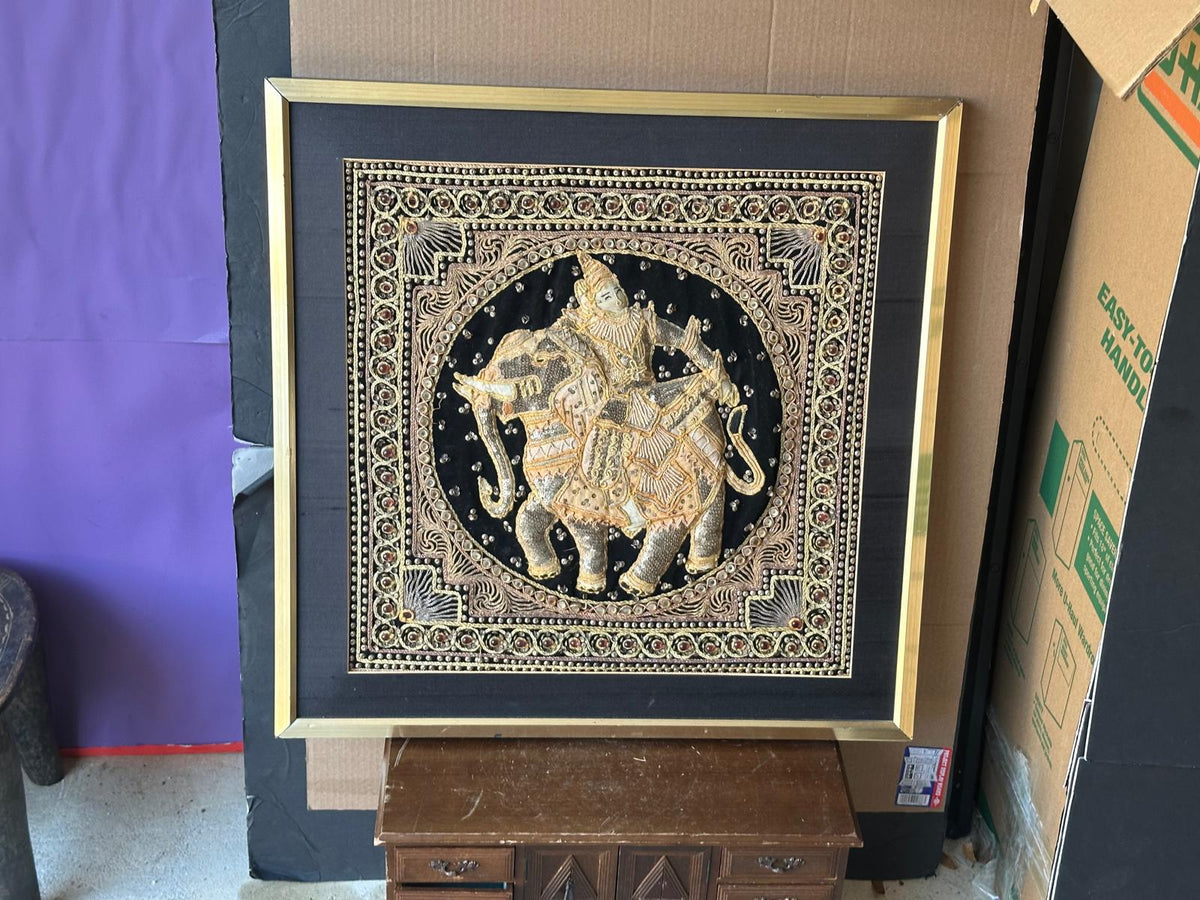 Vintage Burmese Kalaga Tapestry Framed Art–Gold Embroidered Elephant & Rider 25"