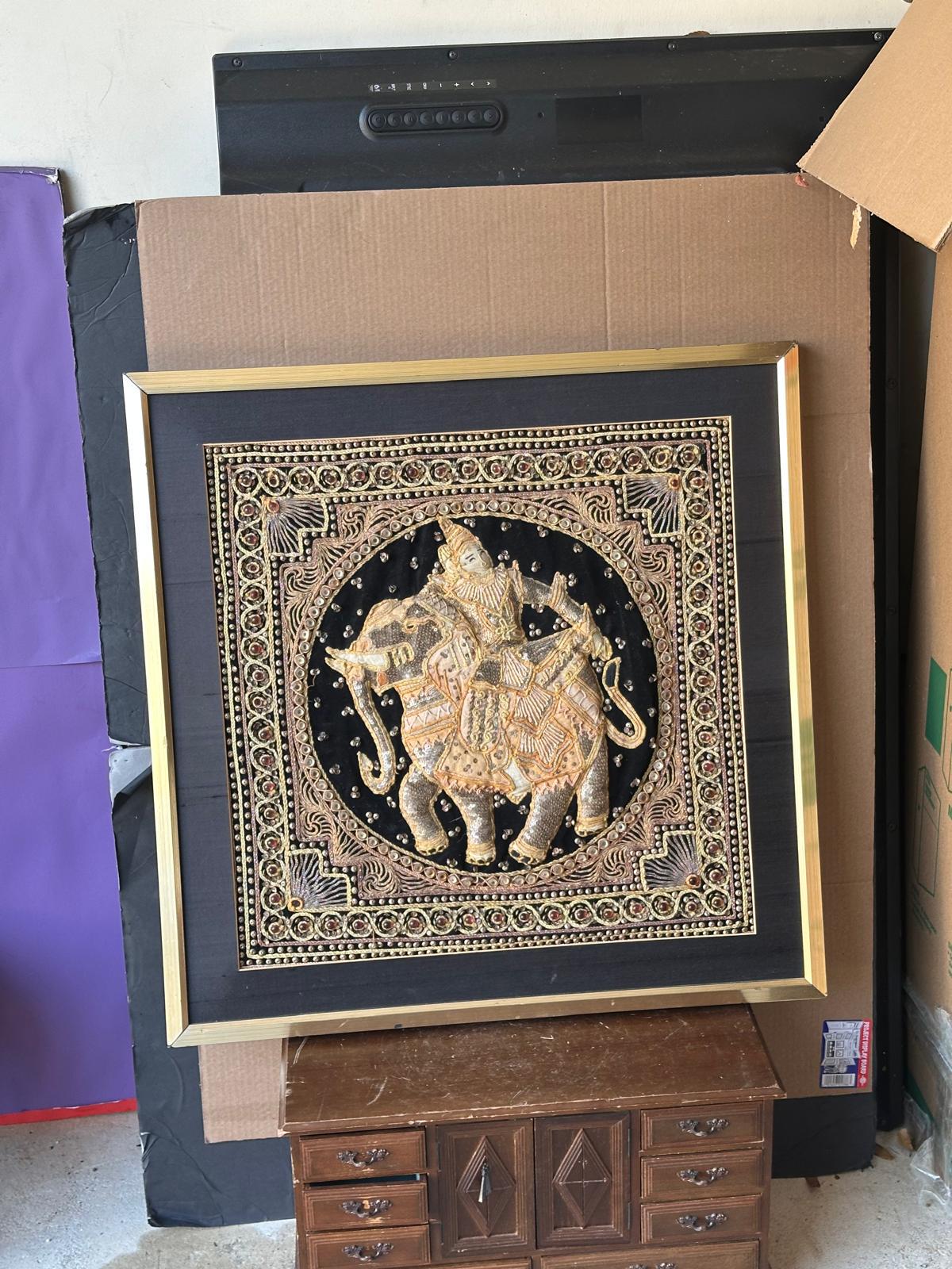 Vintage Burmese Kalaga Tapestry Framed Art–Gold Embroidered Elephant & Rider 25"