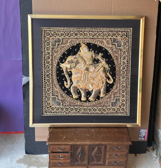 Vintage Burmese Kalaga Tapestry Framed Art–Gold Embroidered Elephant & Rider 25"