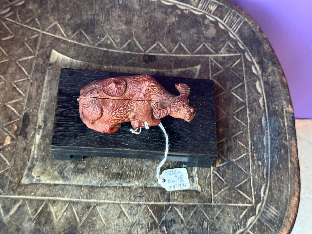 Vintage Hand Carved Rosewood Water Buffalo Figurine – Reclining w/ Stand 4"