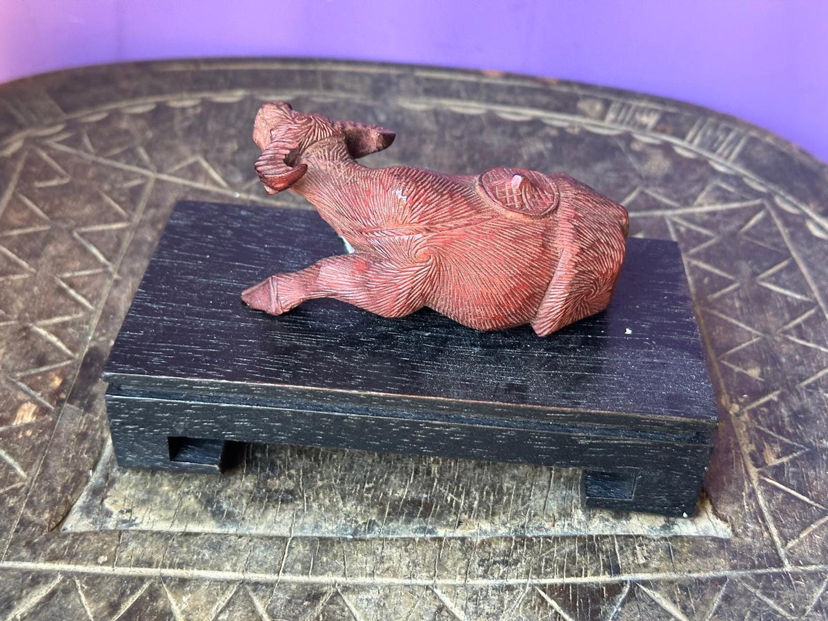 Vintage Hand Carved Rosewood Water Buffalo Figurine – Reclining w/ Stand 4"