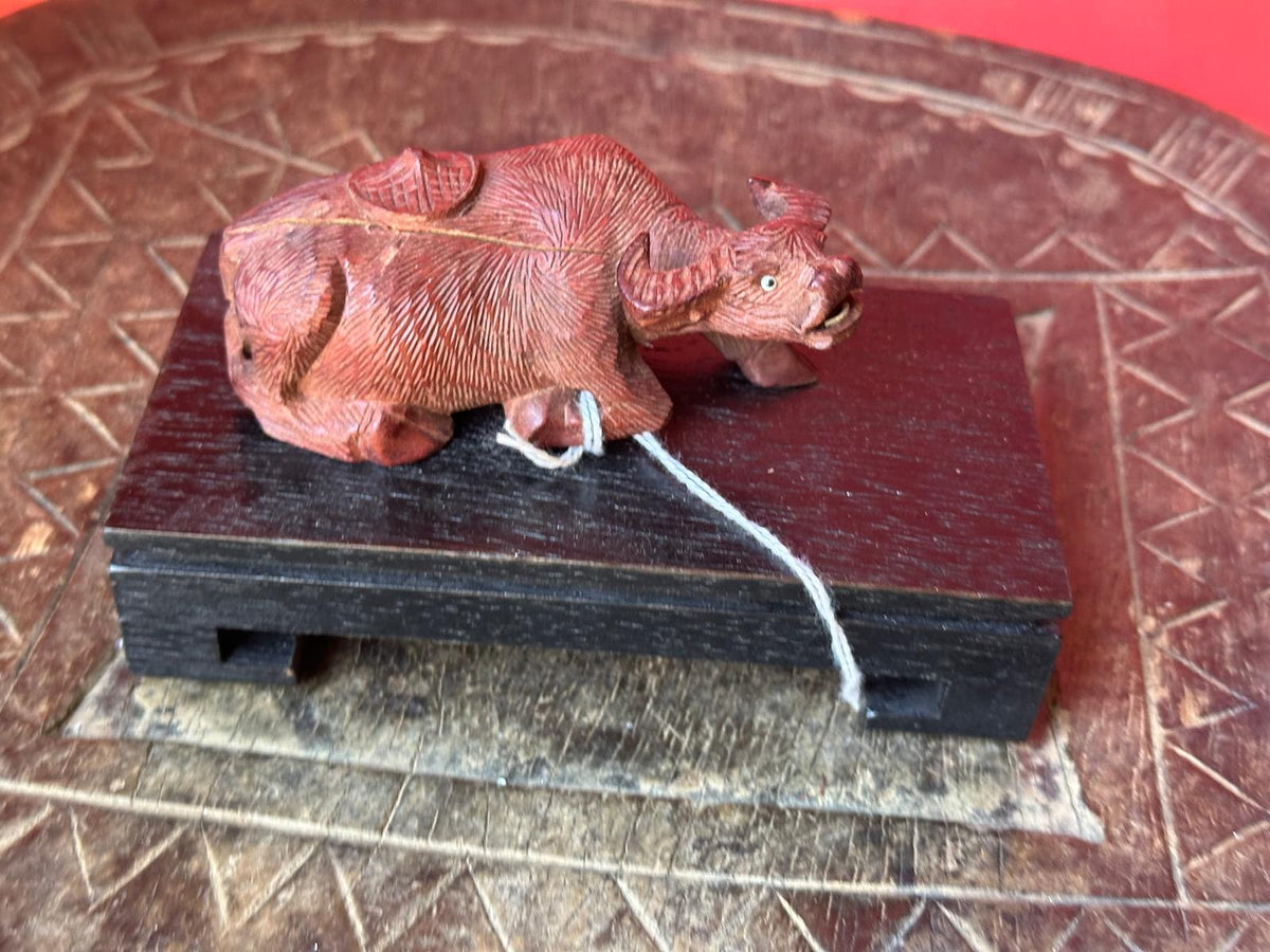 Vintage Hand Carved Rosewood Water Buffalo Figurine – Reclining w/ Stand 4"