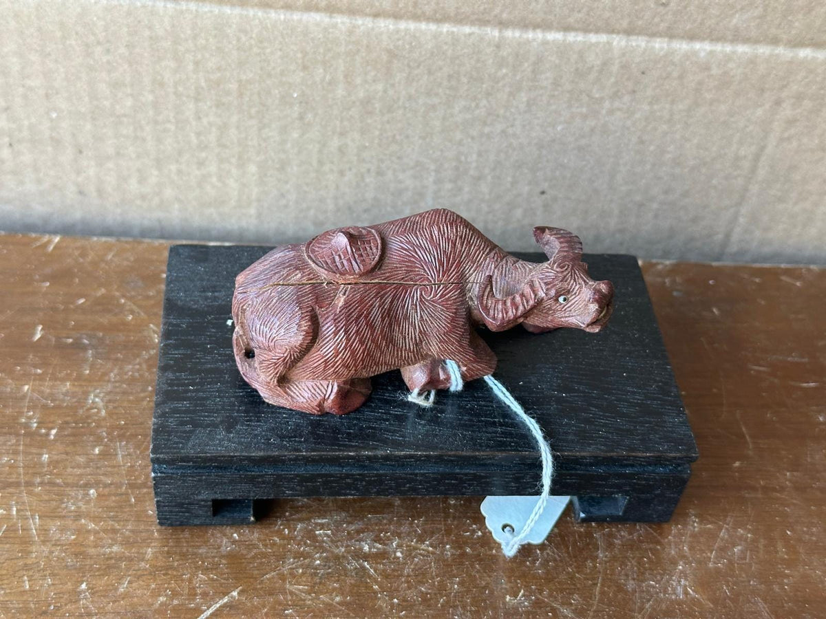 Vintage Hand Carved Rosewood Water Buffalo Figurine – Reclining w/ Stand 4"